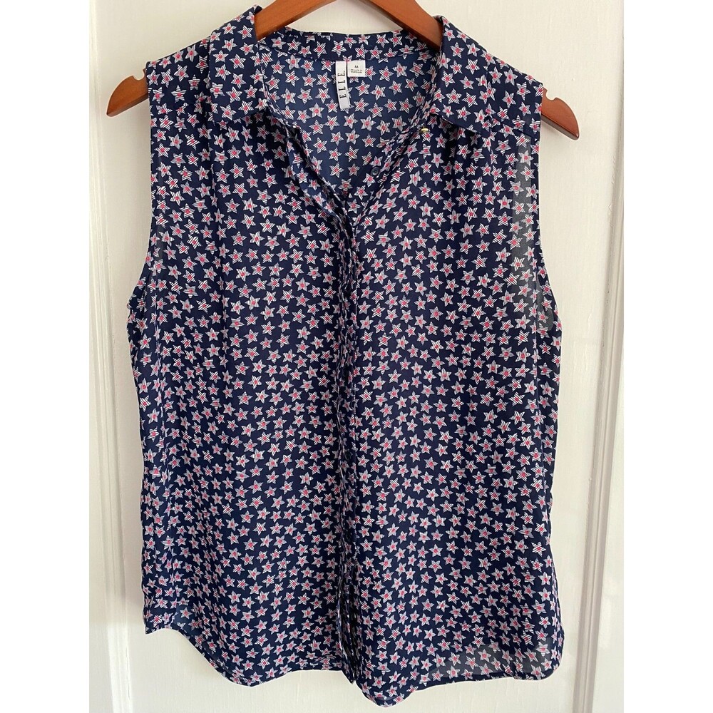 ELLE Womens Medium Blue Red White Patriotic Star Sleeveless Button Front